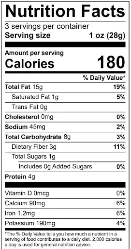 Nutrition Facts label showing serving size, calories, and nutrient information per serving.