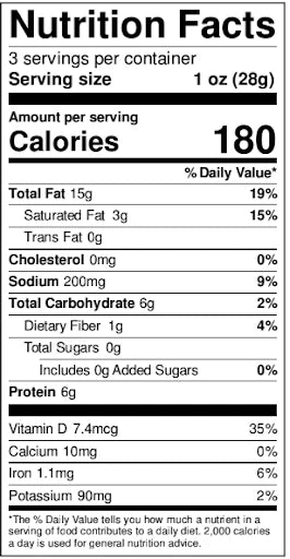 Nutrition Facts label showing serving size, calories, and nutrient information per serving.