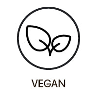 A circular icon with two leaf symbols, labeled 'VEGAN.'